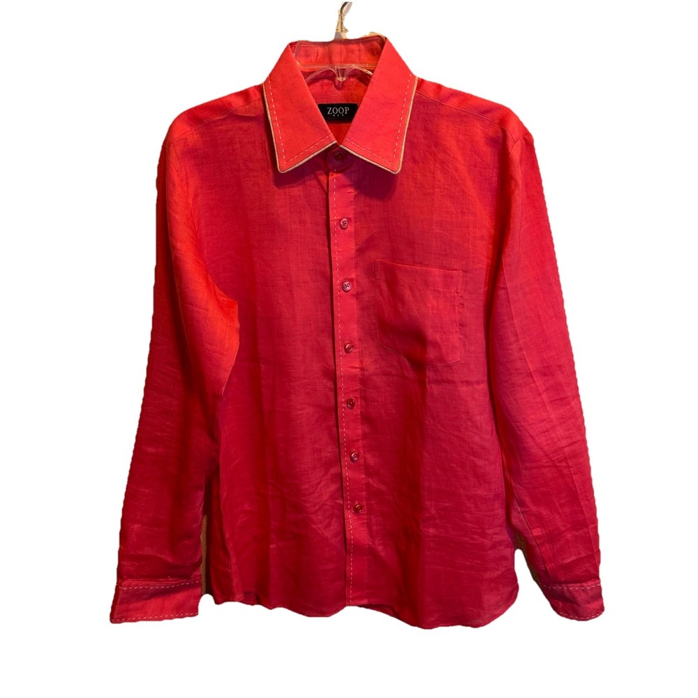 Zoop Men‎ Shirt Linen Red Long Sleeve Button Size 40 Pocket Stitch Detail